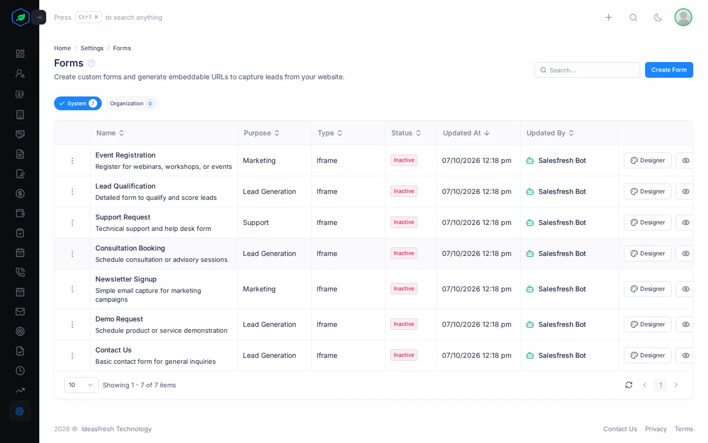 The Forms page with the System and Organization tabs and a row for each form