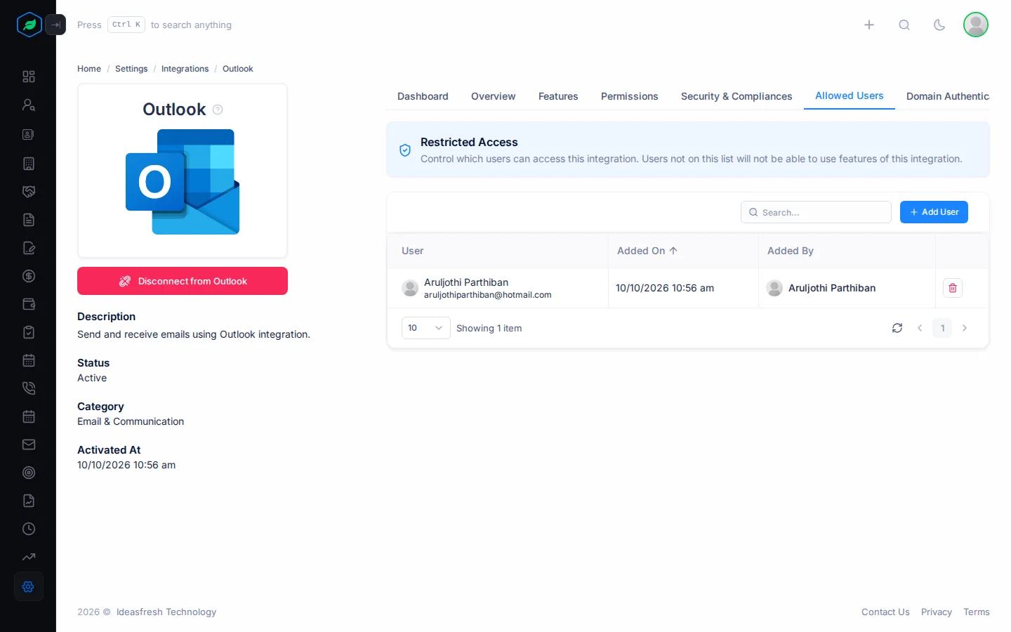 The Allowed Users tab of the Outlook integration with the Add User button and the list of people who can use it