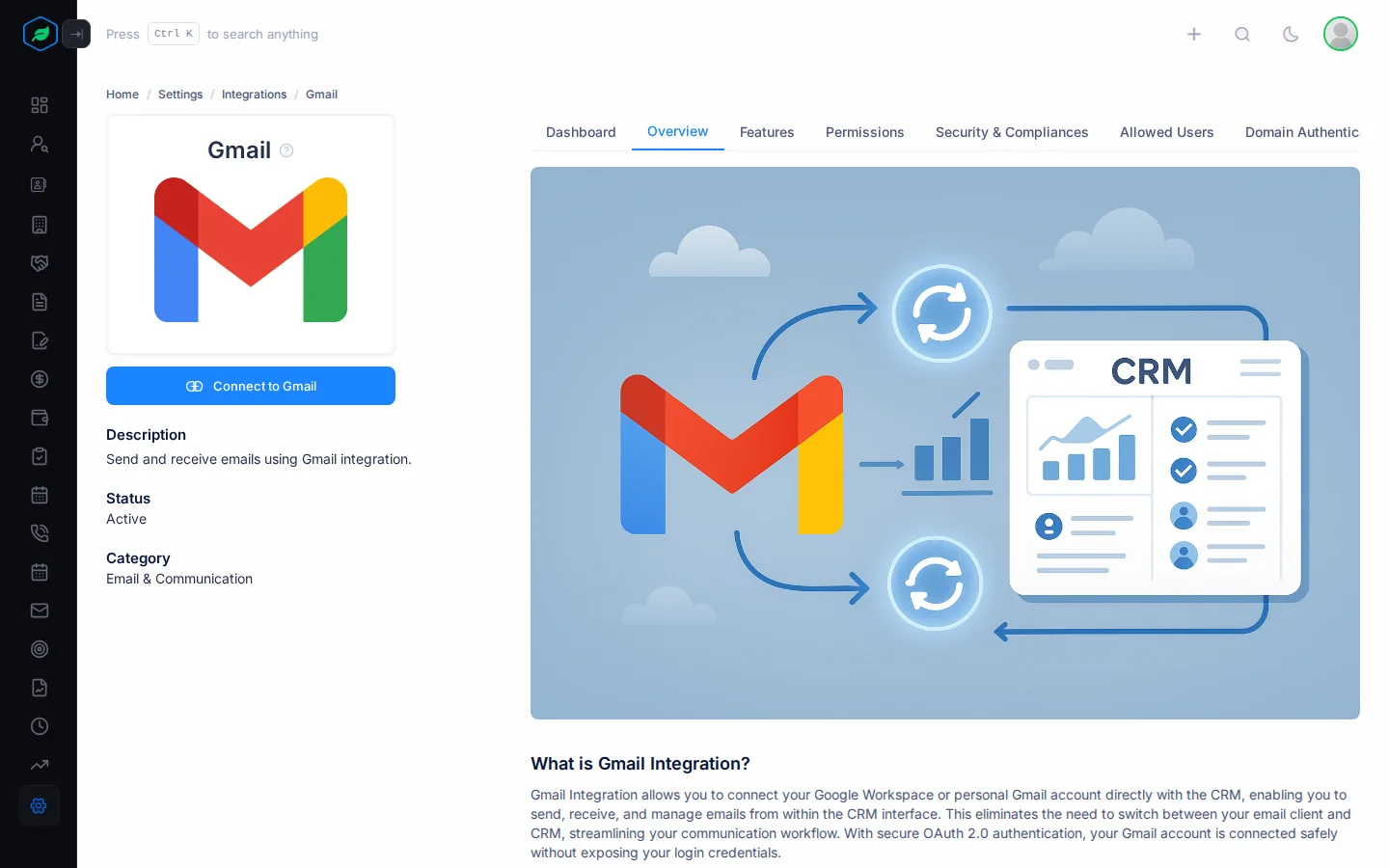 The Gmail integration page with the Connect to Gmail button and its tabs