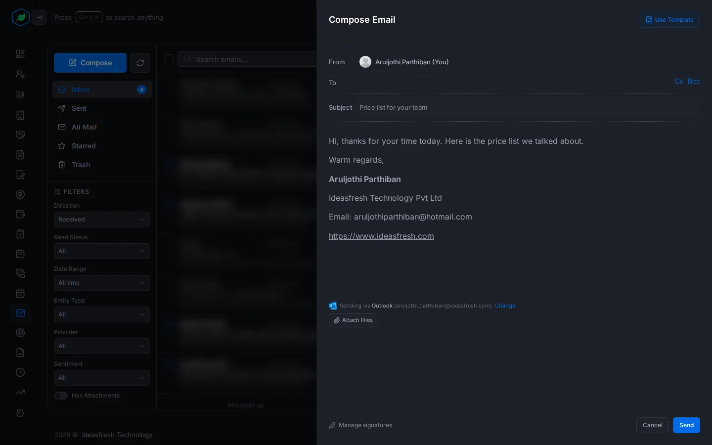 The Compose Email panel with From, To, Subject, the message with a signature, the line saying the email is sent via Outlook, and Attach Files