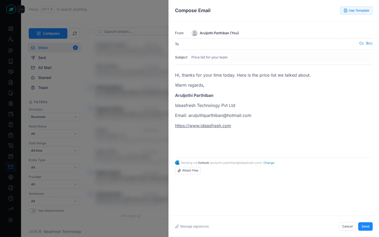 The Compose Email panel with From, To, Subject, the message with a signature, the line saying the email is sent via Outlook, and Attach Files