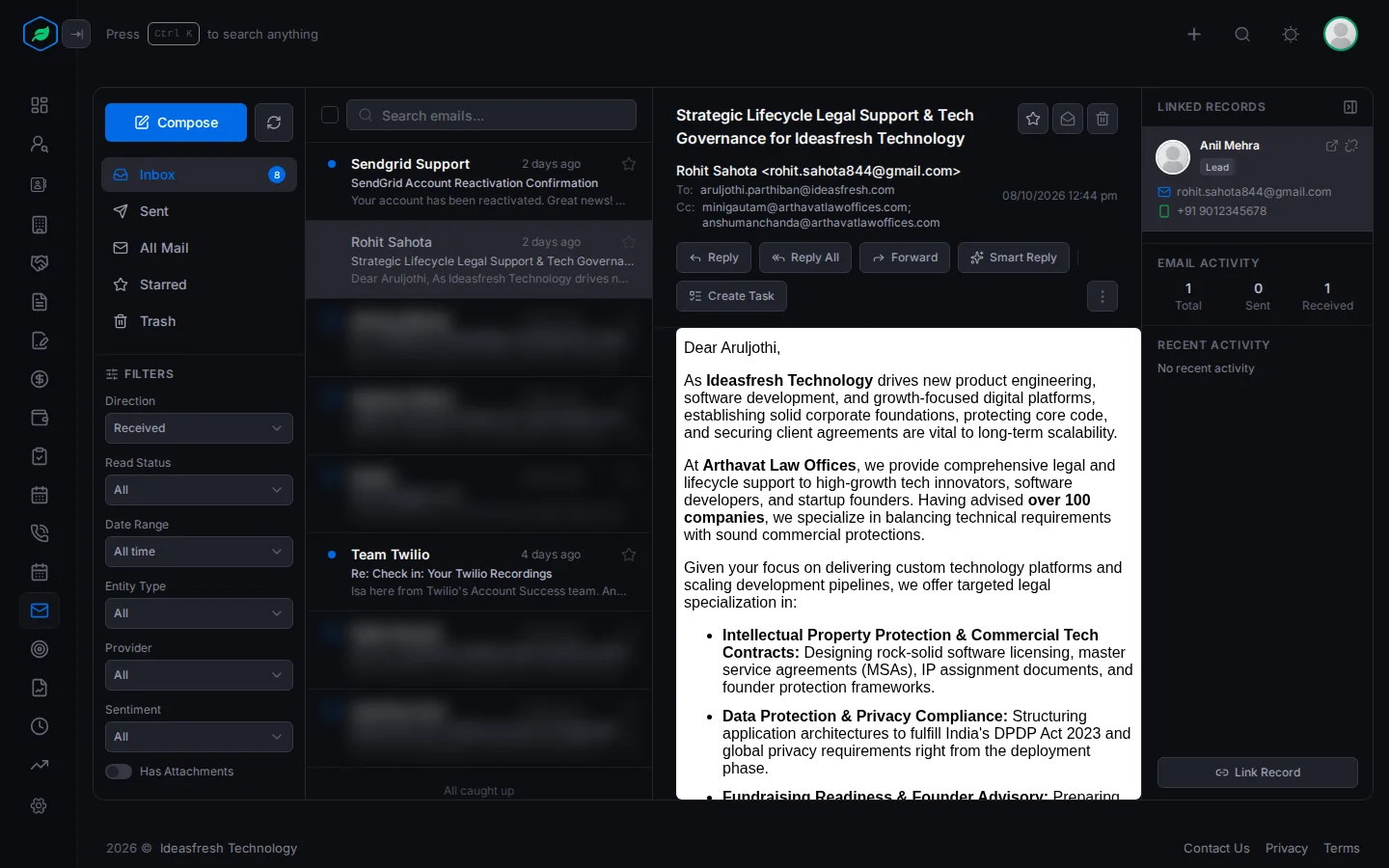 The Emails page with the folders and filters on the left, the email list, an open email, and the linked lead with its email activity on the right