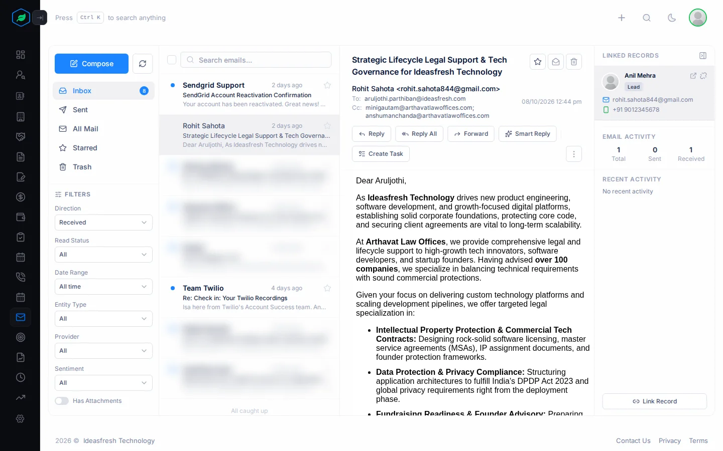 The Emails page with the folders and filters on the left, the email list, an open email, and the linked lead with its email activity on the right