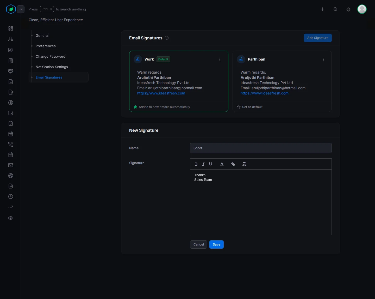 The New Signature form below your saved signatures, with a name and a short signature