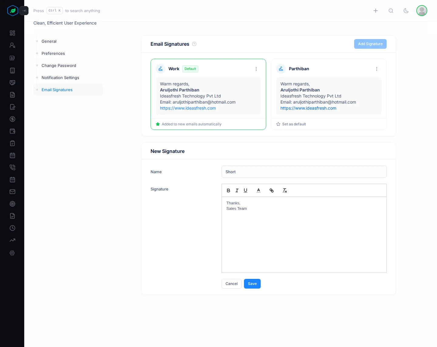 The New Signature form below your saved signatures, with a name and a short signature
