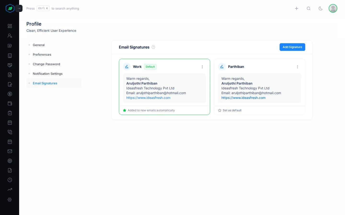 The Email Signatures page with a signature card marked Default