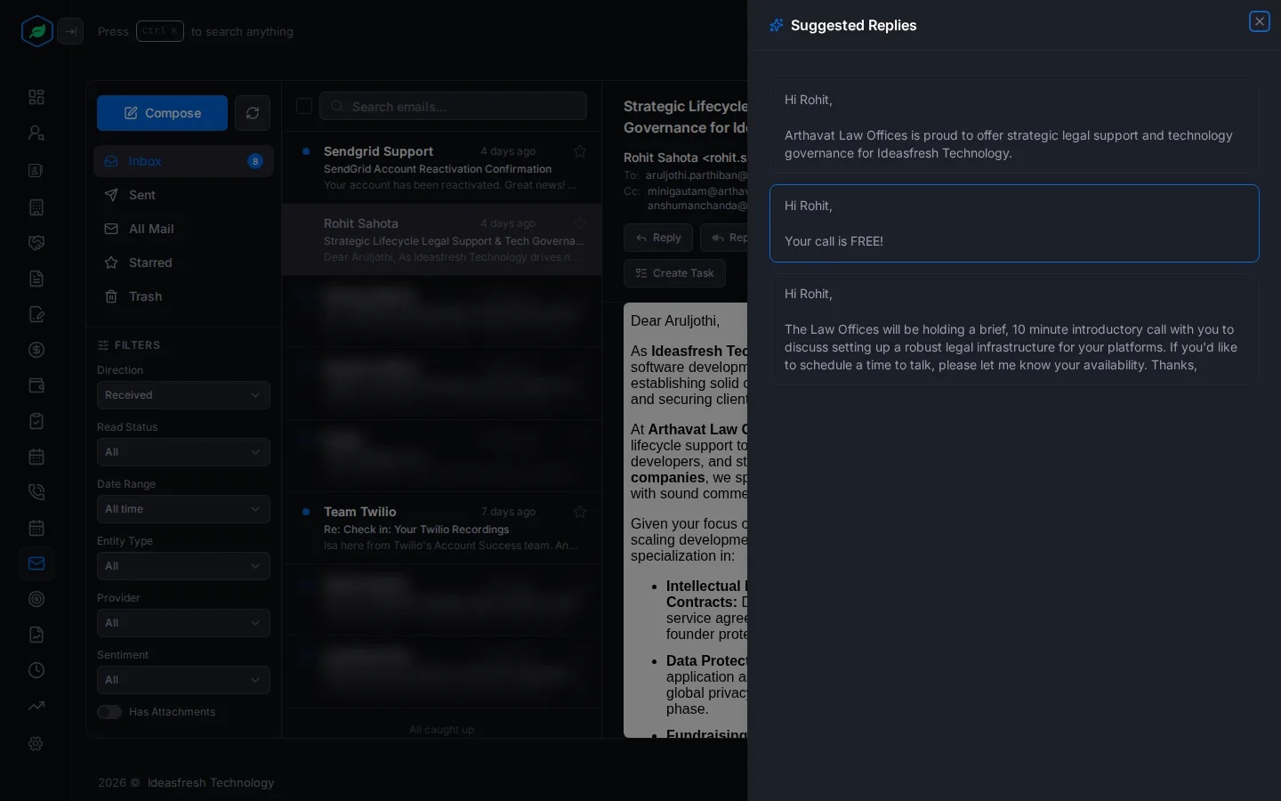 The Suggested Replies panel with three suggested replies next to the open email