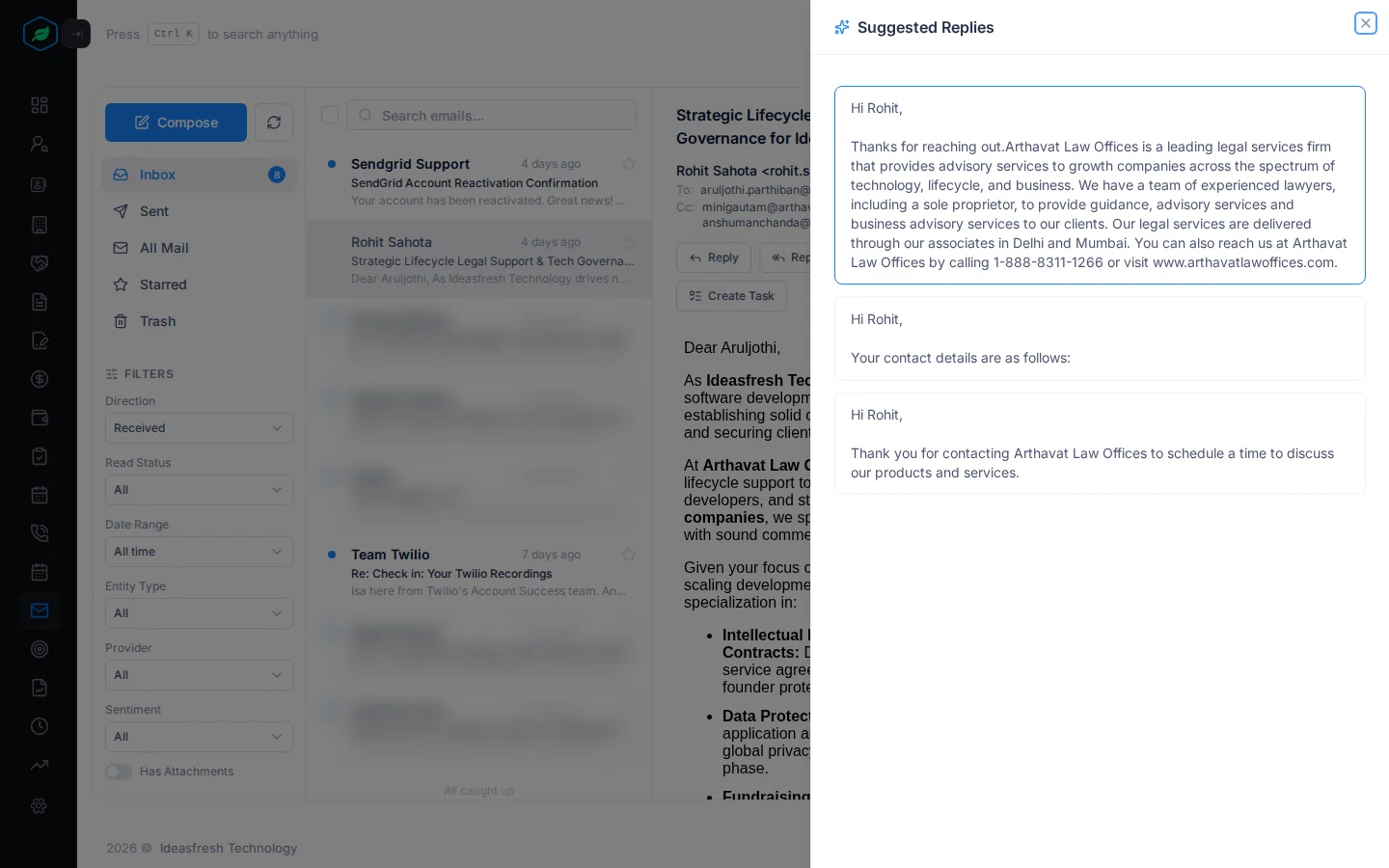 The Suggested Replies panel with three suggested replies next to the open email