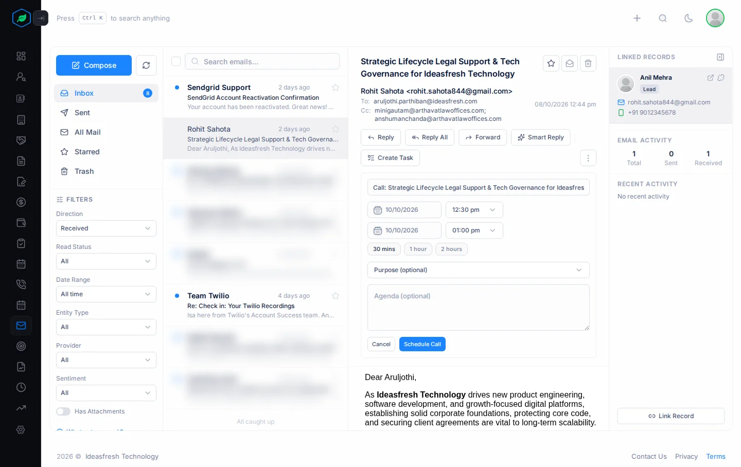An email linked to a lead, with the Schedule a Call form open under it: the call title, start and end time, purpose and agenda