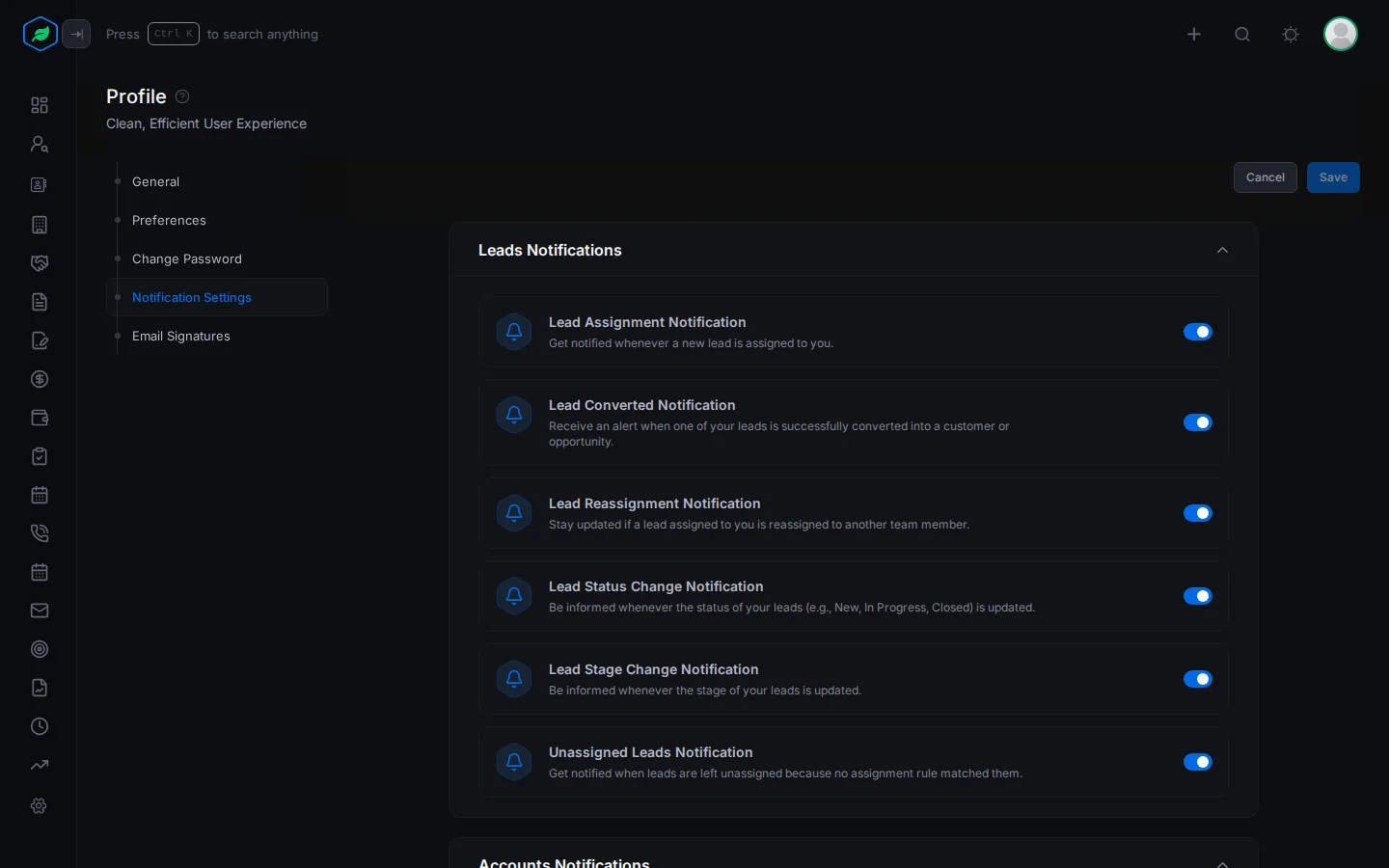 The Notification Settings page with a card per module and a switch per notification