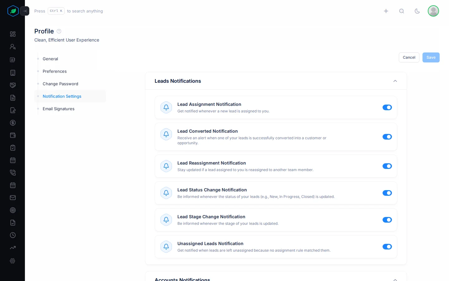 The Notification Settings page with a card per module and a switch per notification