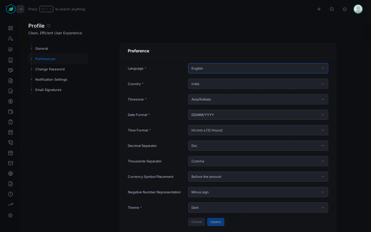 The Preferences tab with timezone, date and number settings
