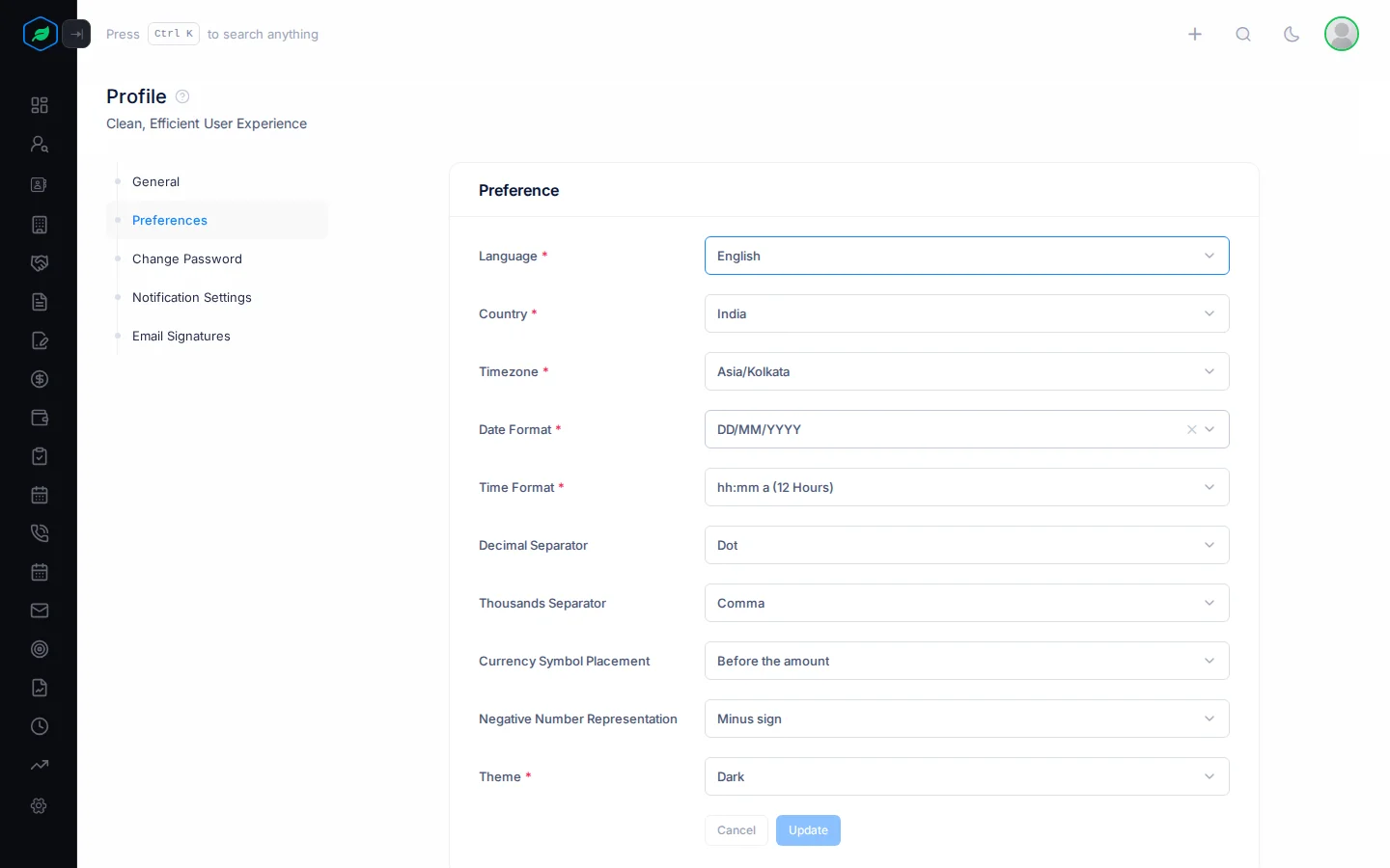 The Preferences tab with timezone, date and number settings