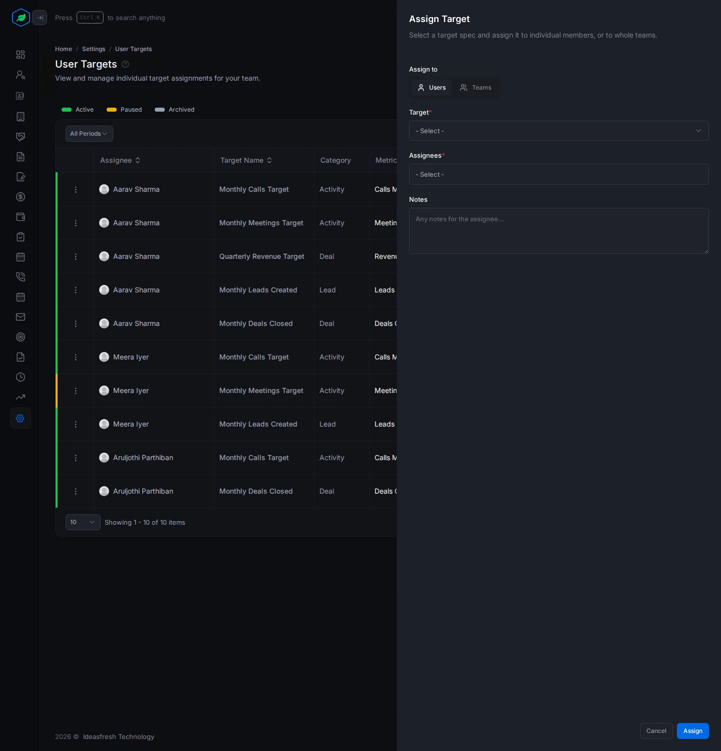 The Assign Target panel with Assign to, Target, Assignees and Notes