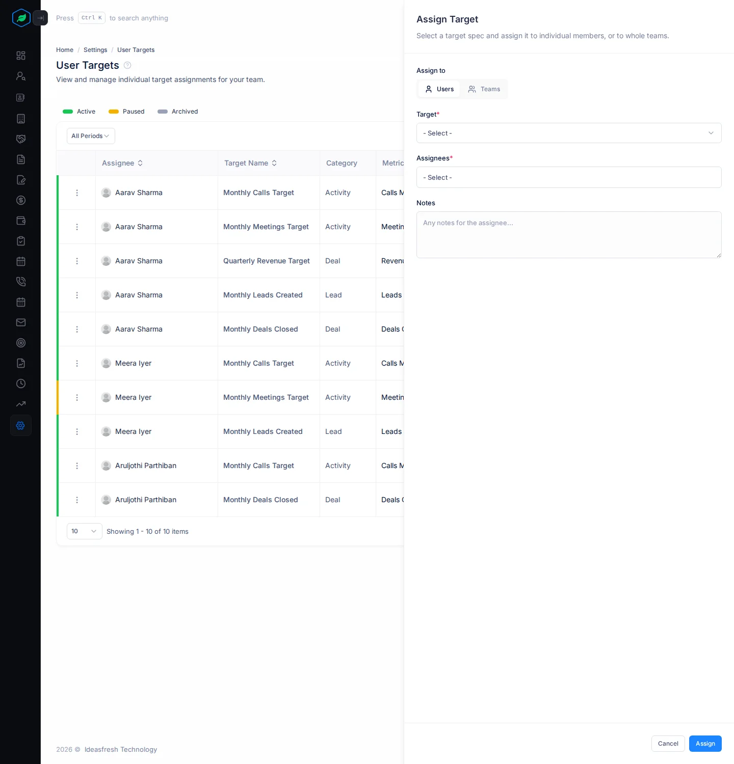 The Assign Target panel with Assign to, Target, Assignees and Notes