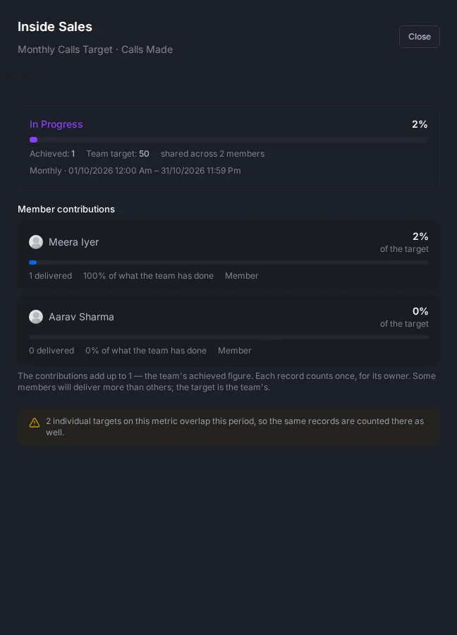 The contributions panel with the team's progress and each member's share