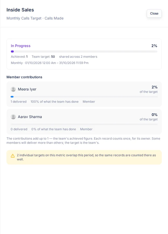 The contributions panel with the team's progress and each member's share