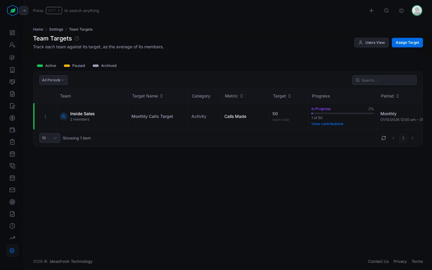 Teams View with a team's target, its progress and the View contributions link