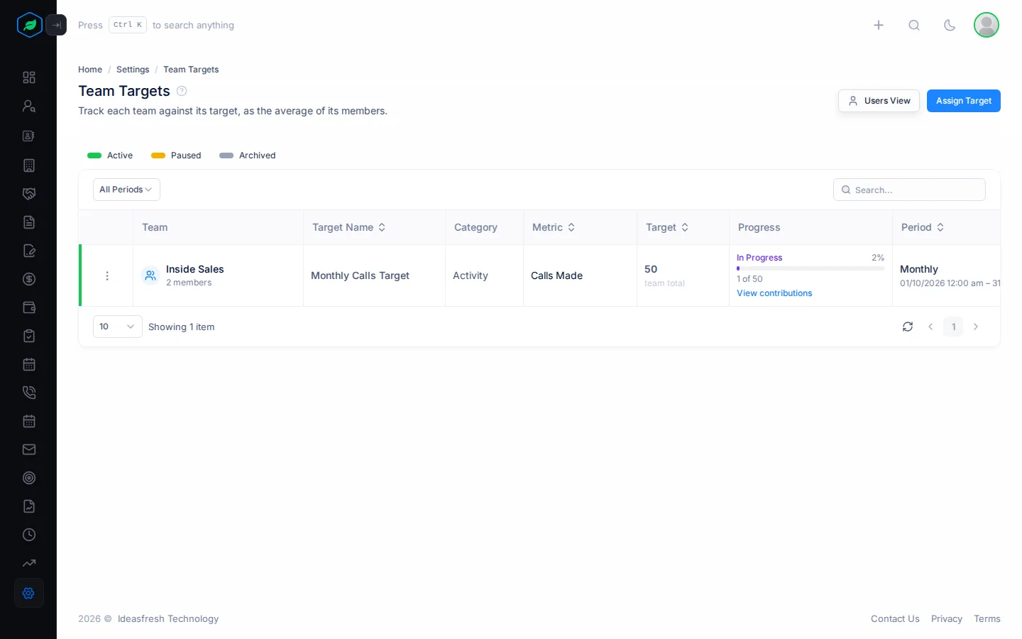 Teams View with a team's target, its progress and the View contributions link