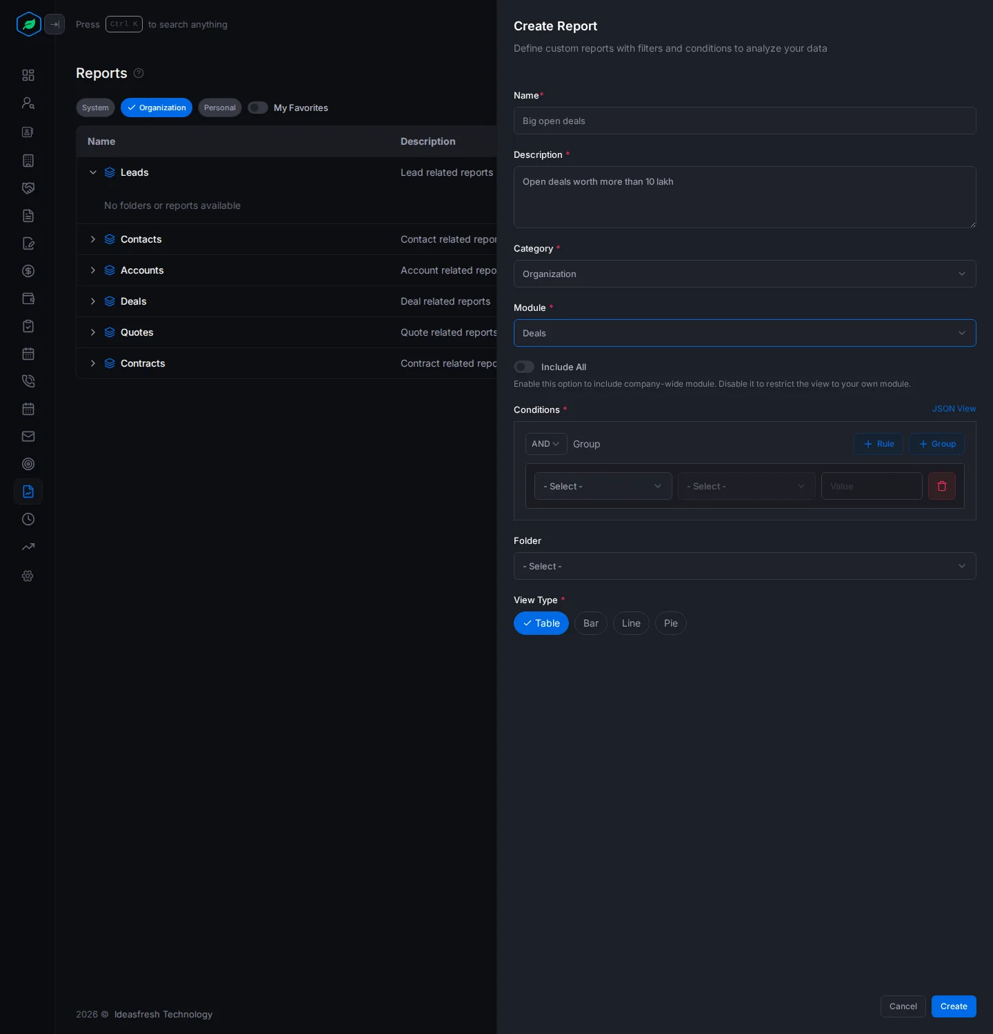 The Create Report panel with Name, Description, Category, Module, Include All, the Conditions builder, Folder and View Type