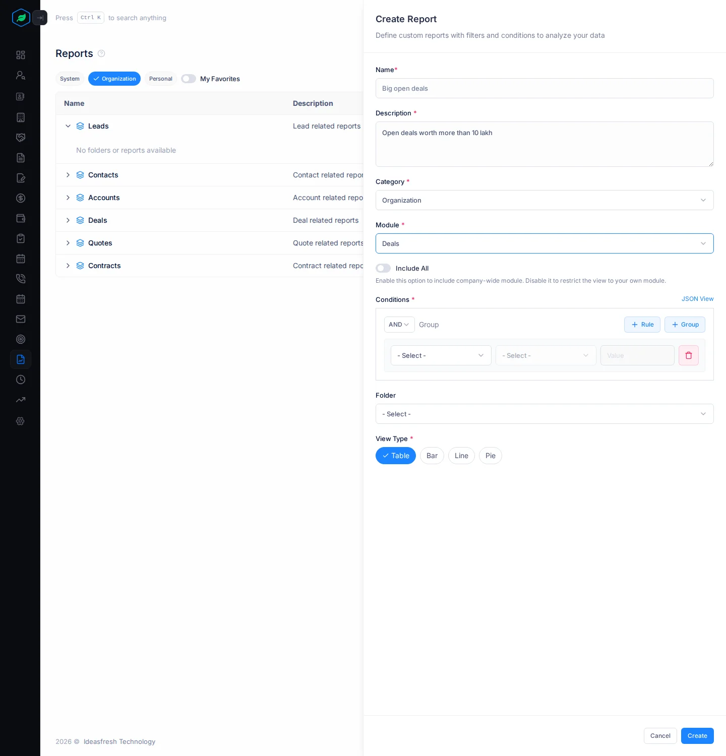 The Create Report panel with Name, Description, Category, Module, Include All, the Conditions builder, Folder and View Type