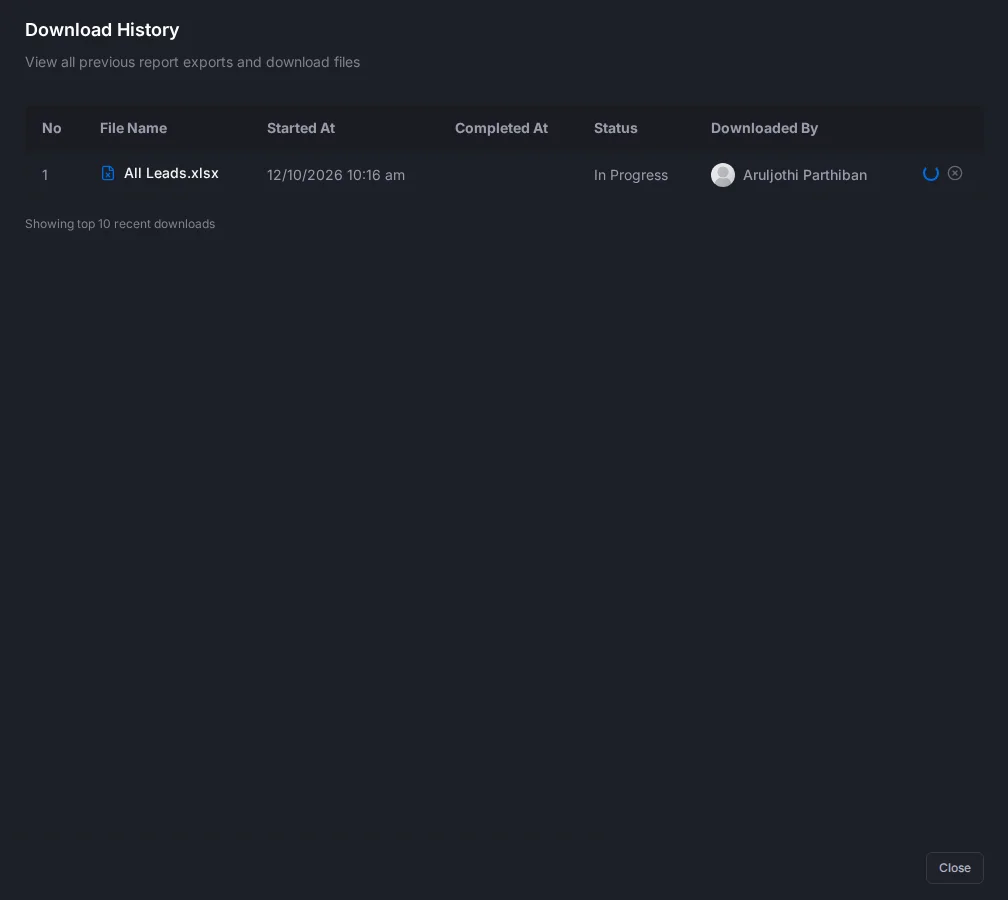 The Download History window with one export In Progress