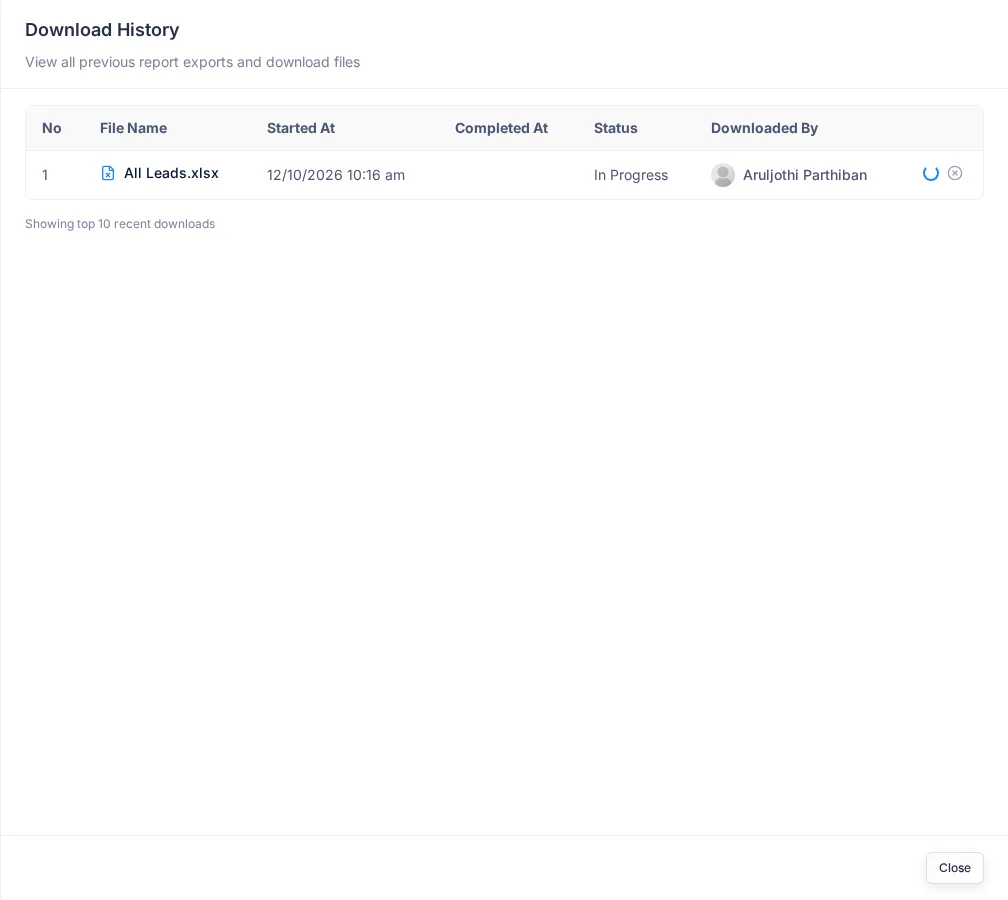 The Download History window with one export In Progress
