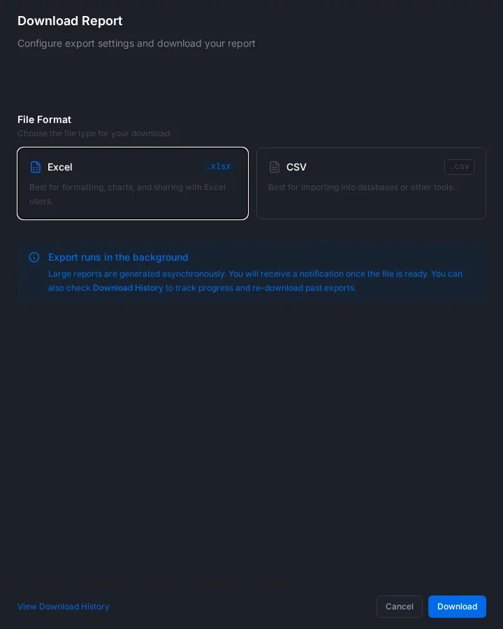 The Download Report window with the Excel and CSV formats