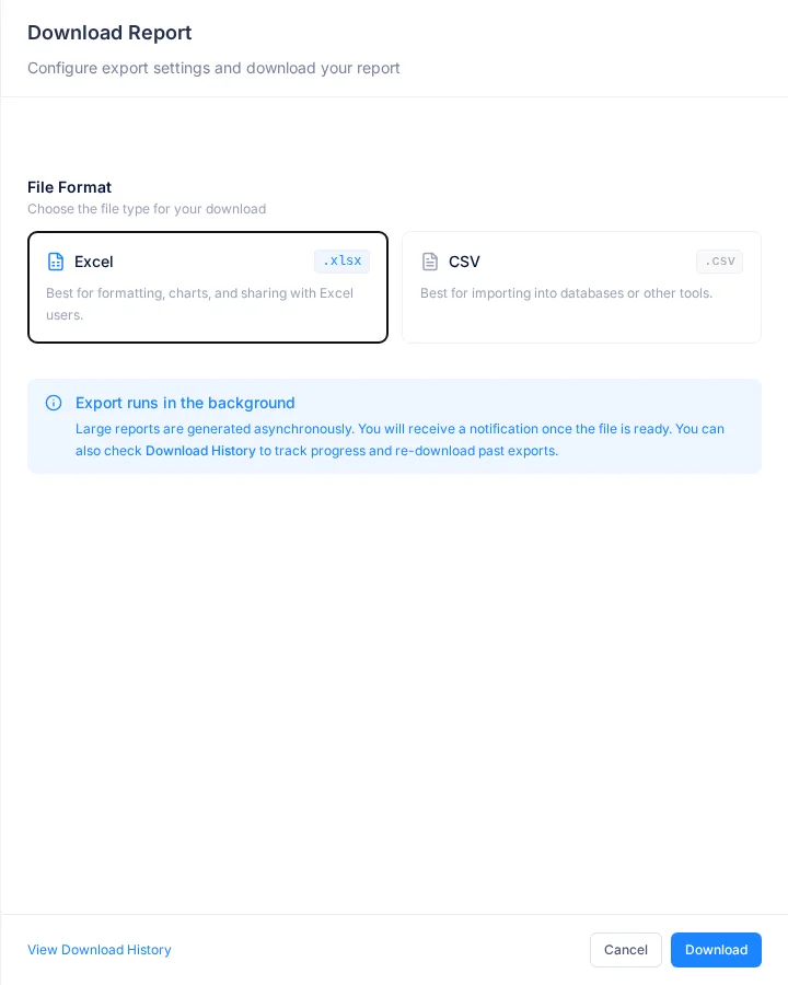 The Download Report window with the Excel and CSV formats