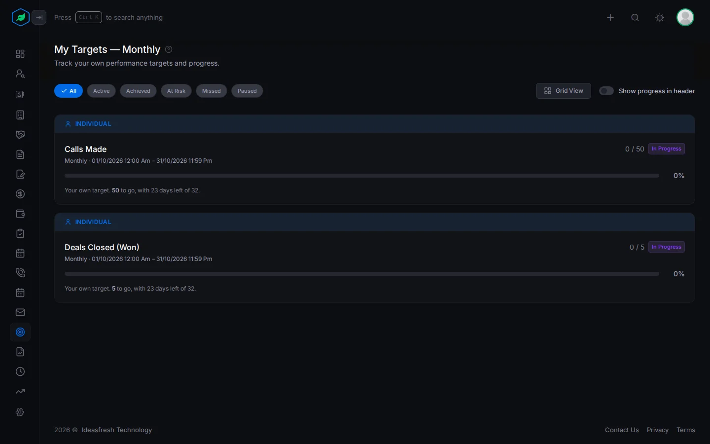 The My Targets page with the state chips, Grid View and Show progress in header, and a card for each target