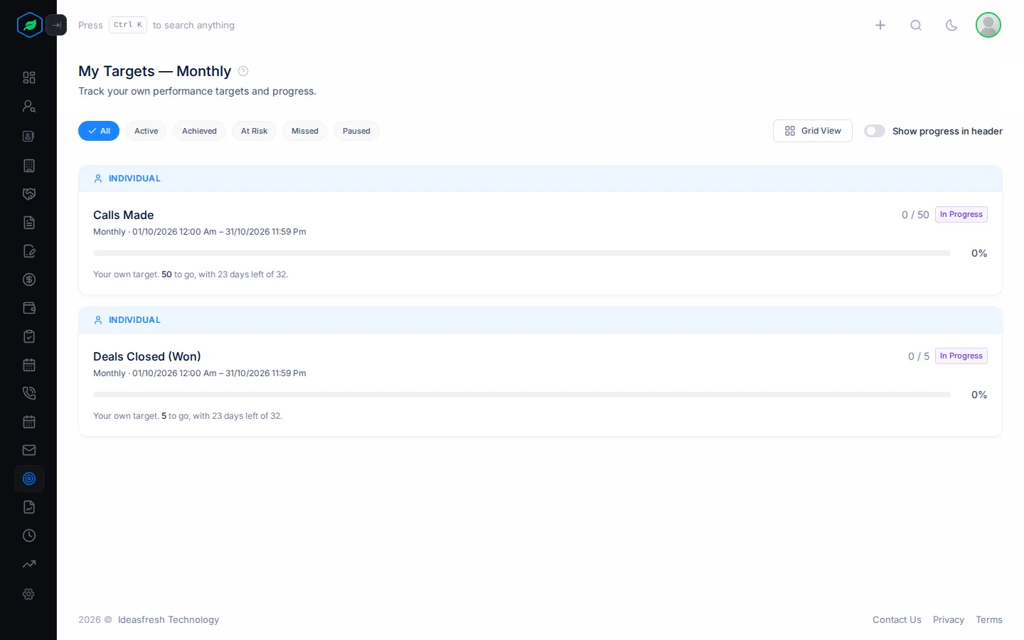 The My Targets page with the state chips, Grid View and Show progress in header, and a card for each target