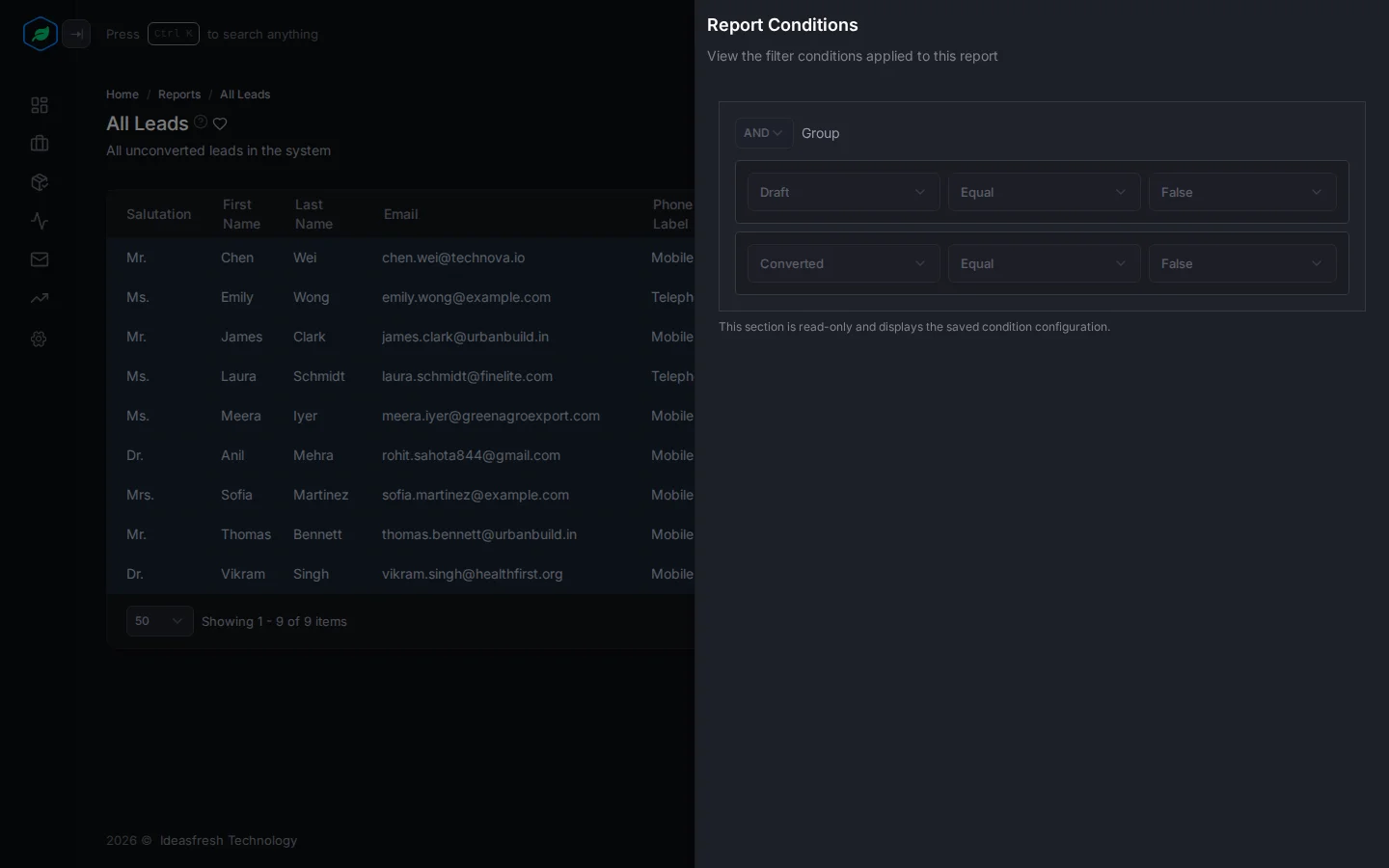 The Report Conditions panel for All Leads, with Draft equals False and Converted equals False