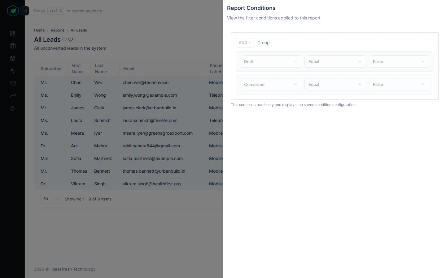 The Report Conditions panel for All Leads, with Draft equals False and Converted equals False
