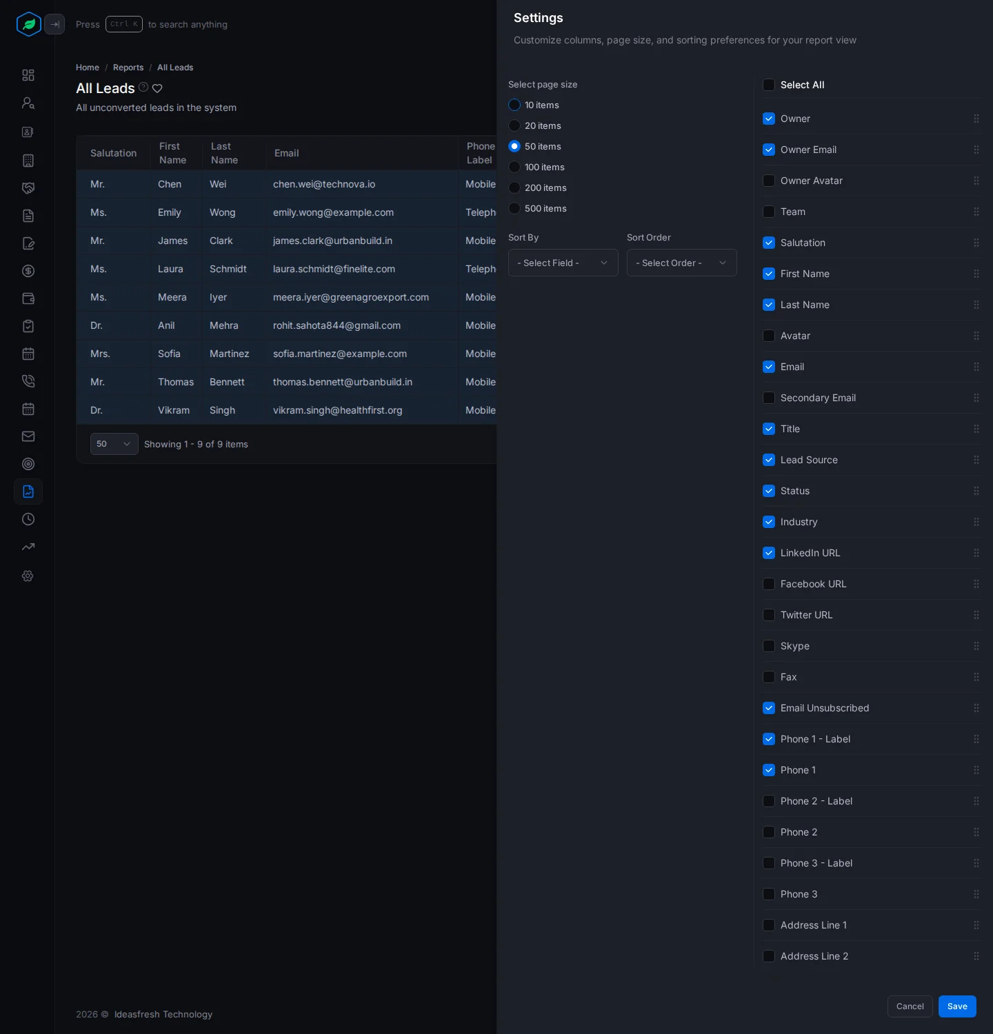 The Settings panel with the page size, Sort By, Sort Order and the column list