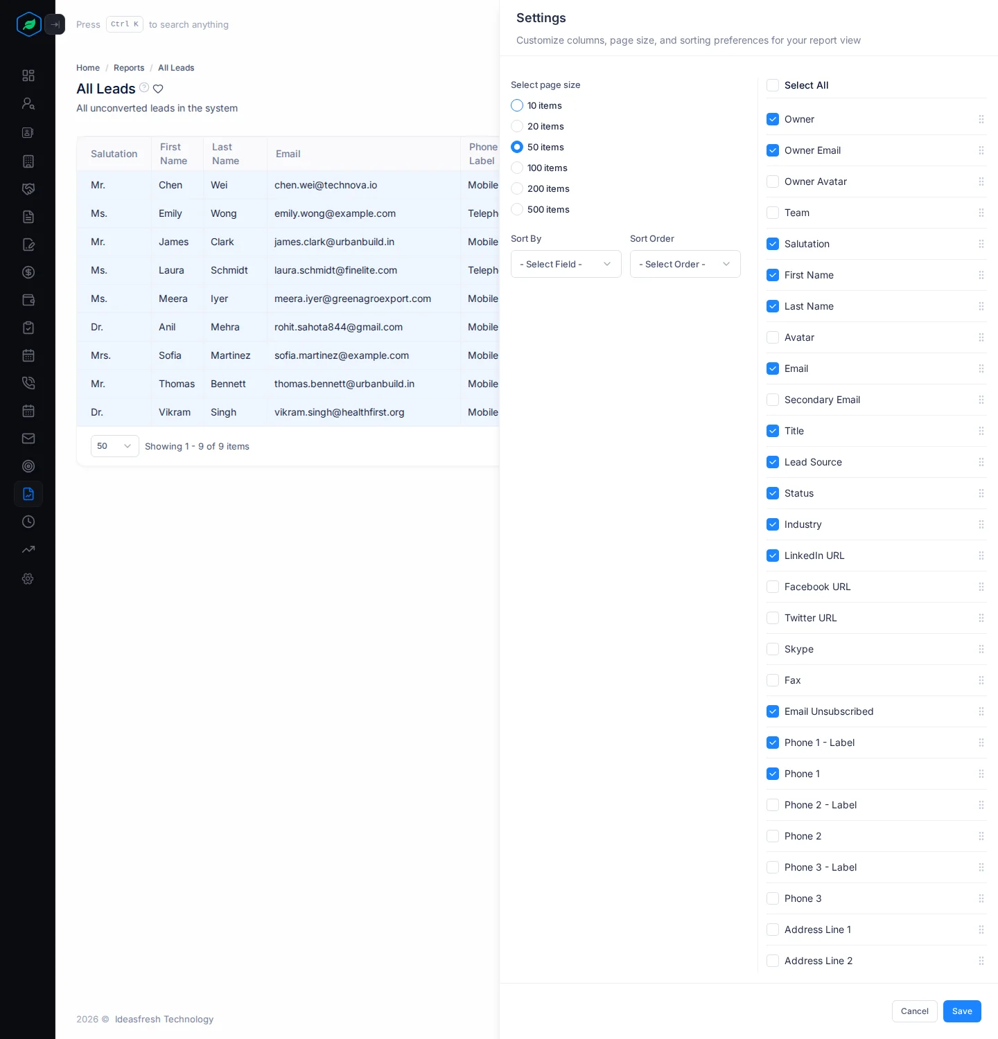 The Settings panel with the page size, Sort By, Sort Order and the column list