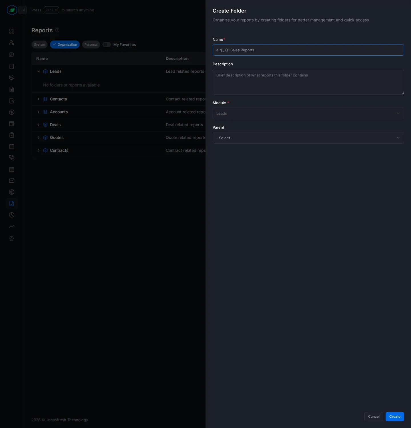 The Create Folder panel with Name, Description, Module and Parent