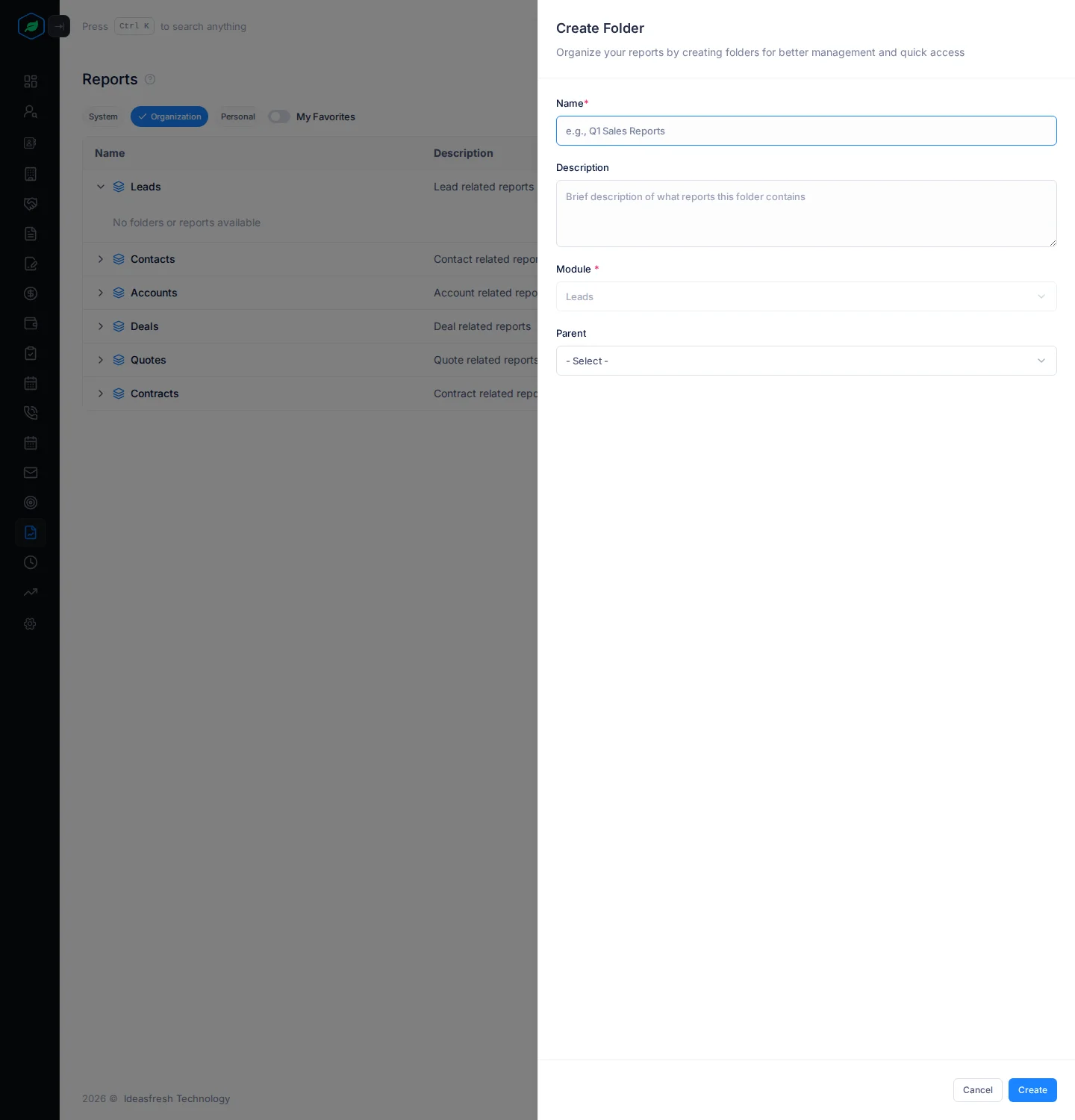 The Create Folder panel with Name, Description, Module and Parent