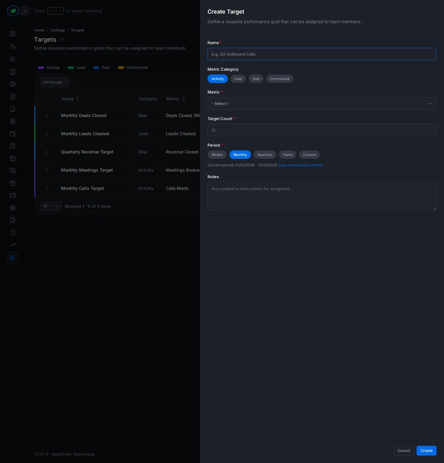 The Create Target panel with Name, Metric Category, Metric, Target Count, Period and Notes