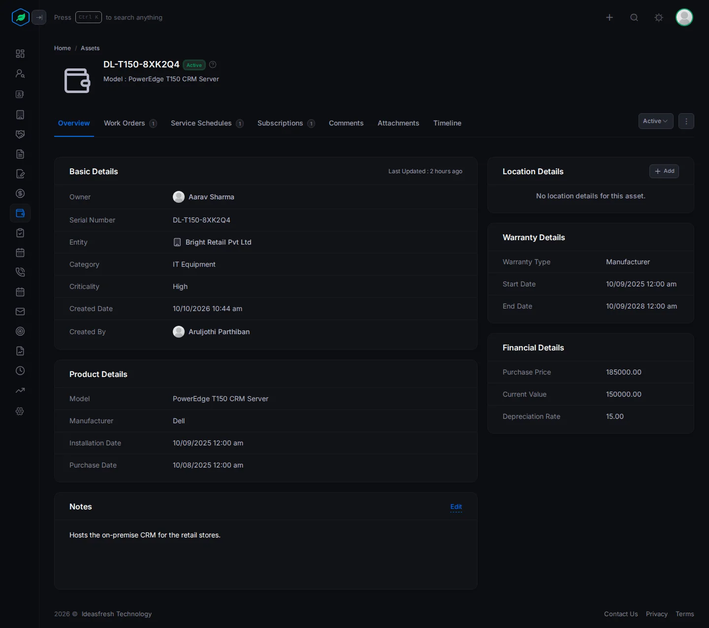 An asset's page with its serial number, status and model at the top, the tabs, and the Basic Details, Product Details, Location Details, Warranty Details, Financial Details and Notes cards
