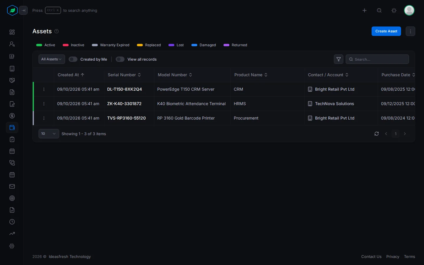 The Assets page with the status chips and columns for serial number, model, product and customer