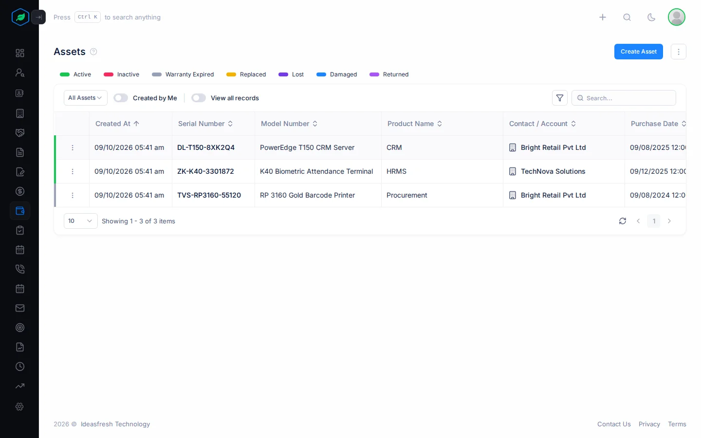 The Assets page with the status chips and columns for serial number, model, product and customer