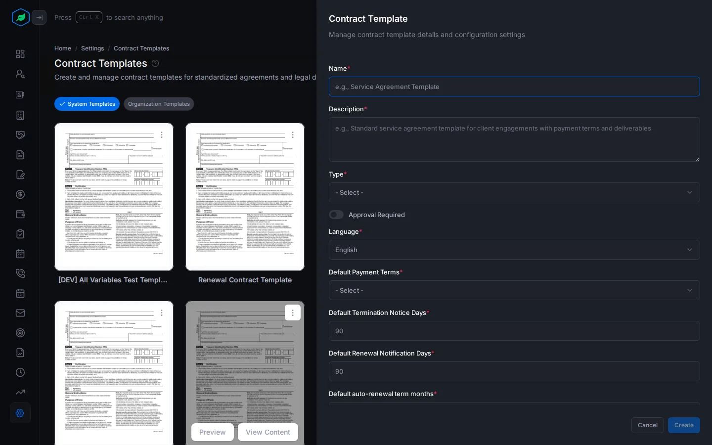 The Contract Template panel with Name, Description, Type, Approval Required, Language, the default payment terms and notice days