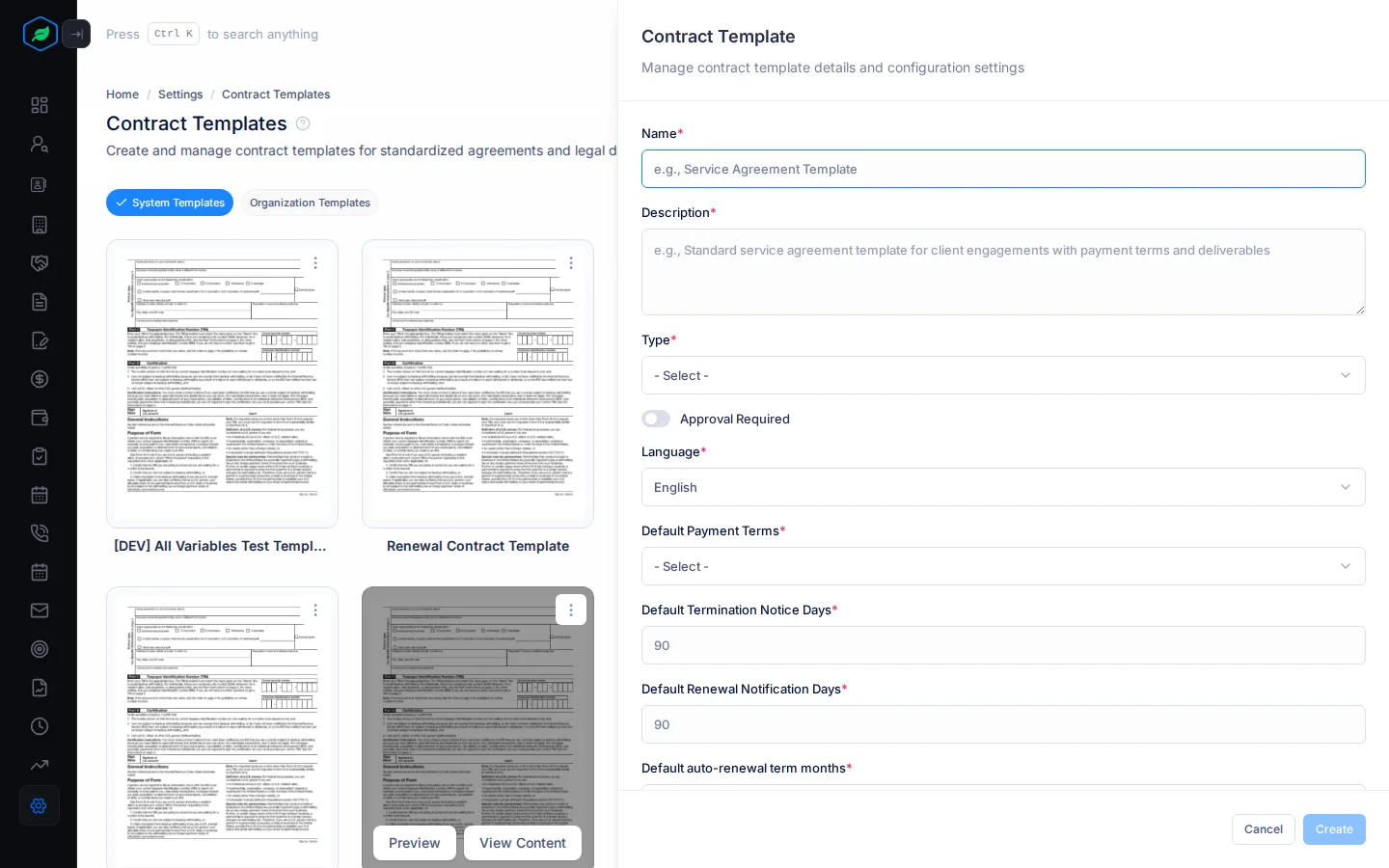 The Contract Template panel with Name, Description, Type, Approval Required, Language, the default payment terms and notice days