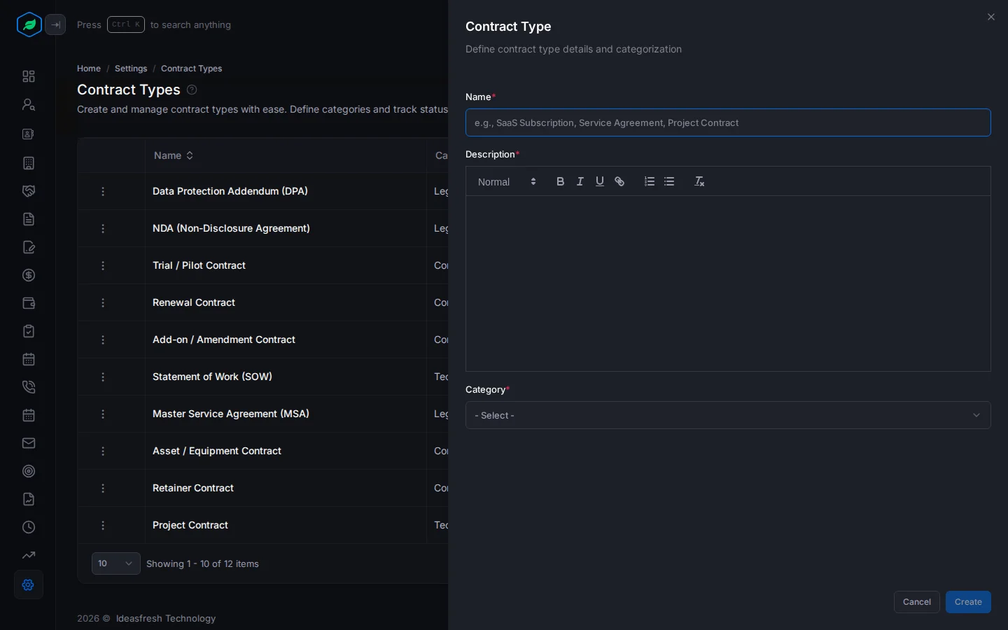The Contract Type panel with Name, Description and Category