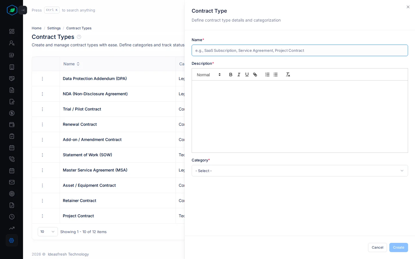 The Contract Type panel with Name, Description and Category
