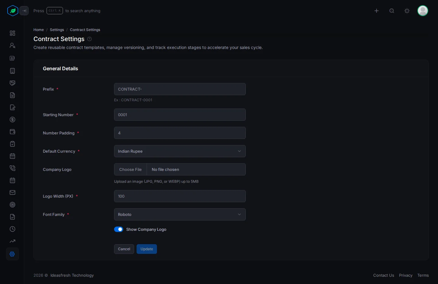 The General Details card with the prefix, starting number, padding, currency, logo and font settings