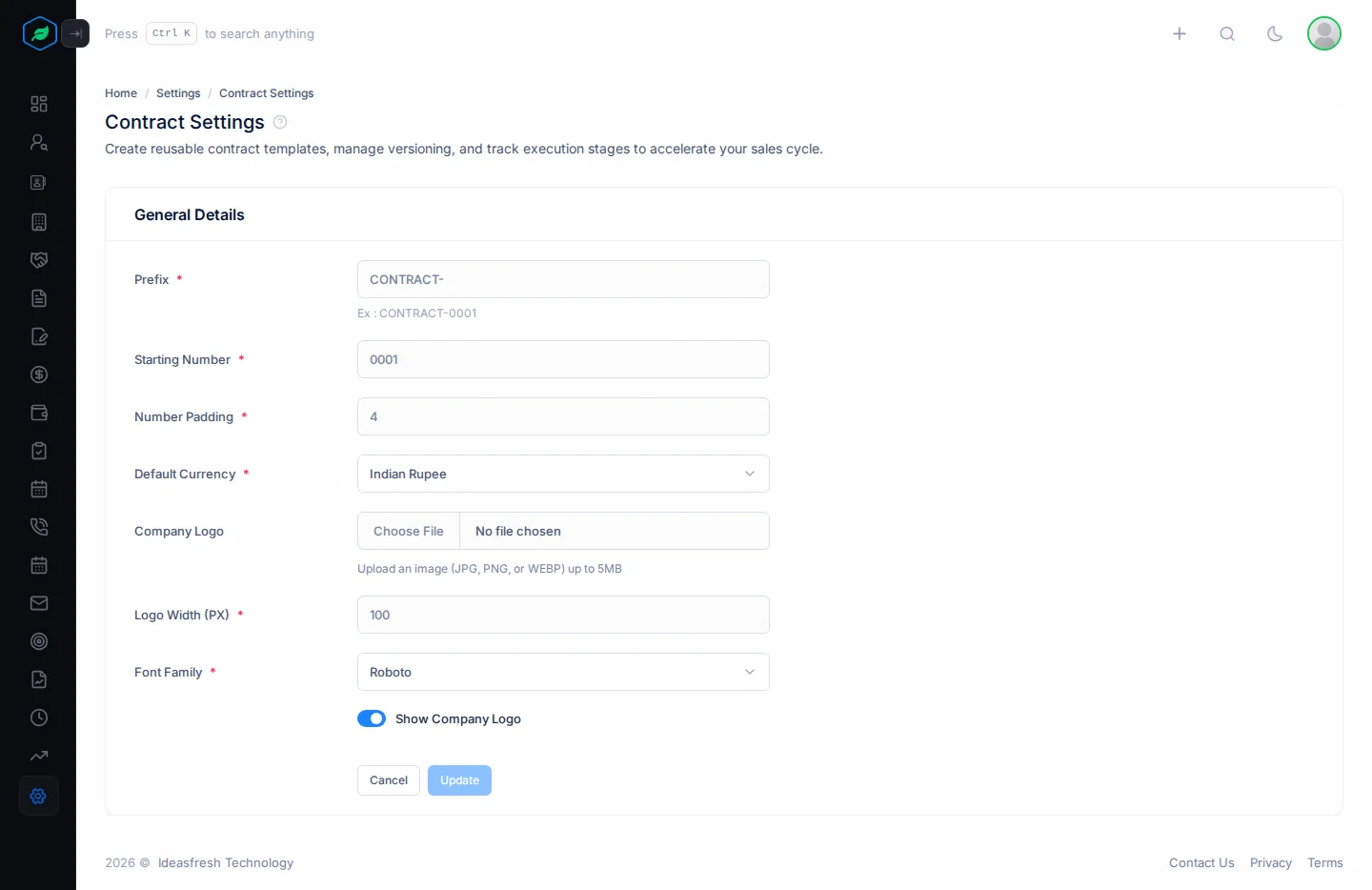 The General Details card with the prefix, starting number, padding, currency, logo and font settings