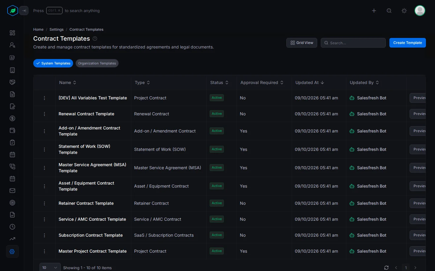 The Contract Templates page with the System and Organization templates