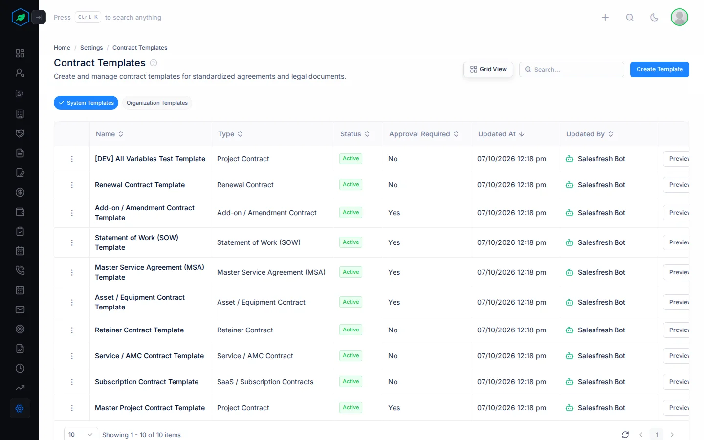 The Contract Templates page with the System and Organization templates
