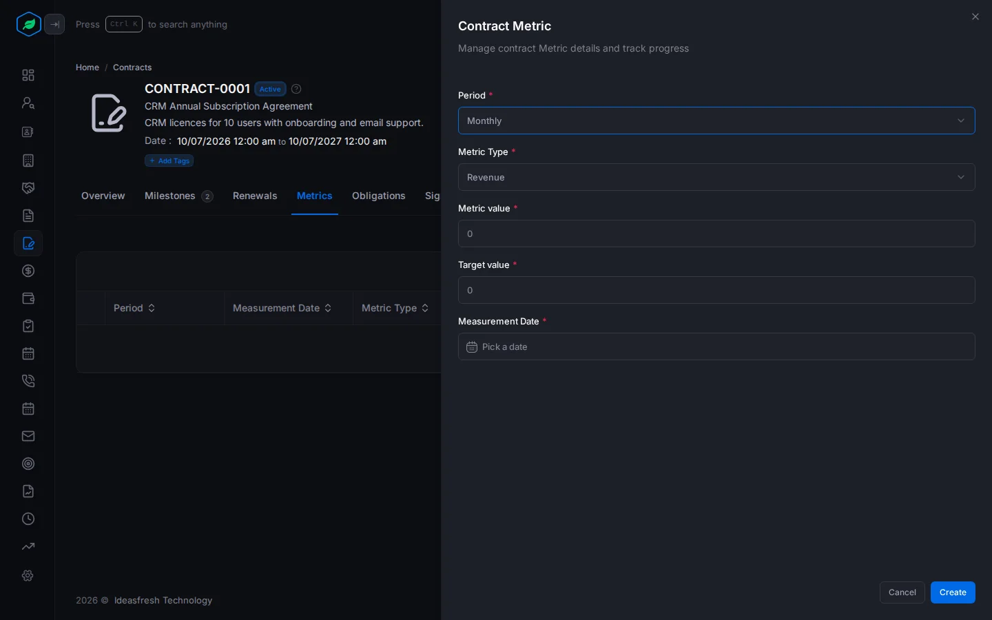 The Contract Metric panel with Period, Metric Type, the values and Measurement Date